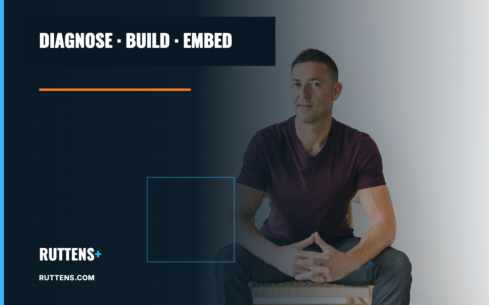 Phil Ruttens seated in a casual operator portrait beside the phrase Diagnose, build, embed