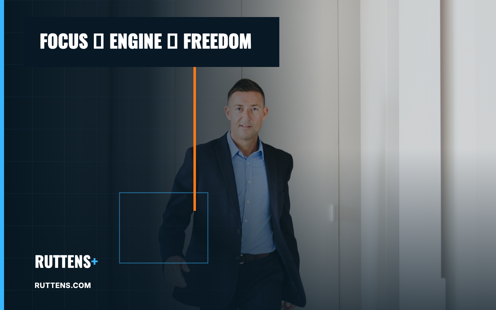 Phil Ruttens walking forward beside the message Focus, Engine, Freedom